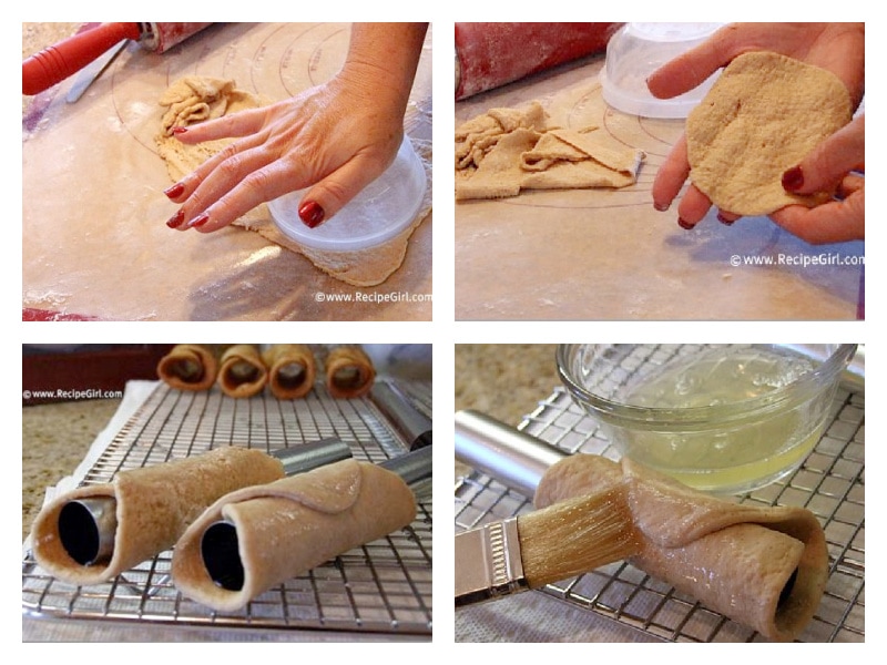 four photos showing how to roll and cut canoli dough
