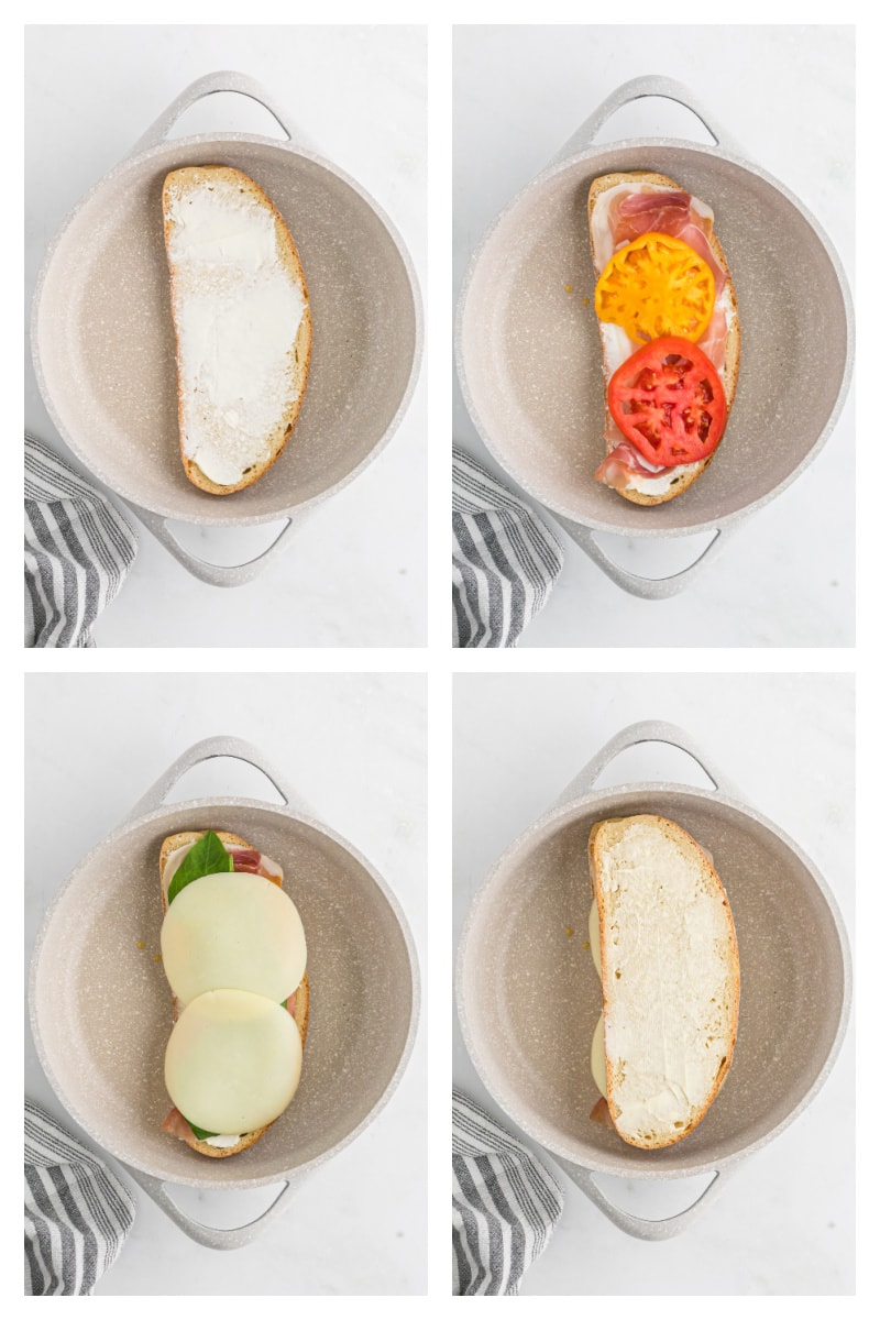 four photos showing how to make an italian grilled cheese