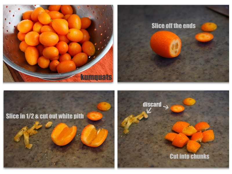 four photos showing how to peel kumquats