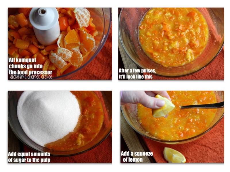 four photos showing how to prepare kumquat marmalade