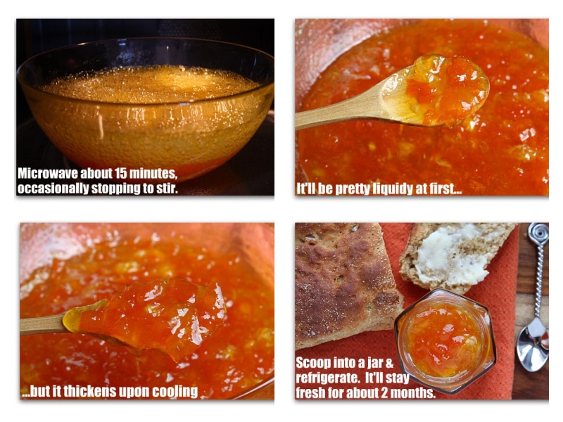 four photos showing prep of kumquat marmalade