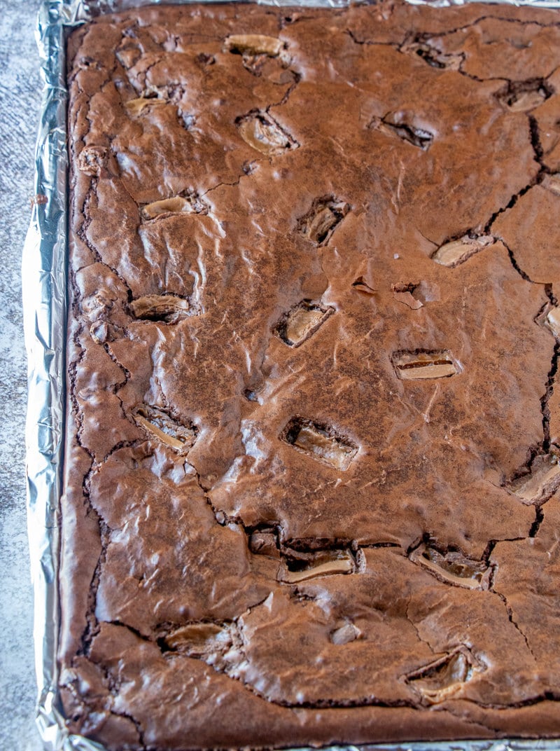 baked milky way brownies in a sheet pan