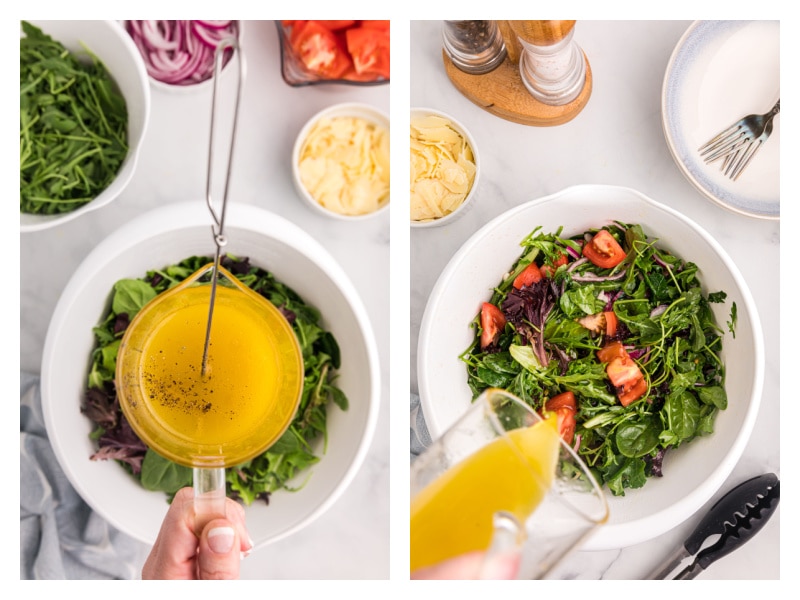 two bowls with dressing mixed in cup and then pouring on greens