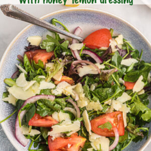 pinterest image for mixed green salad with honey lemon dressing
