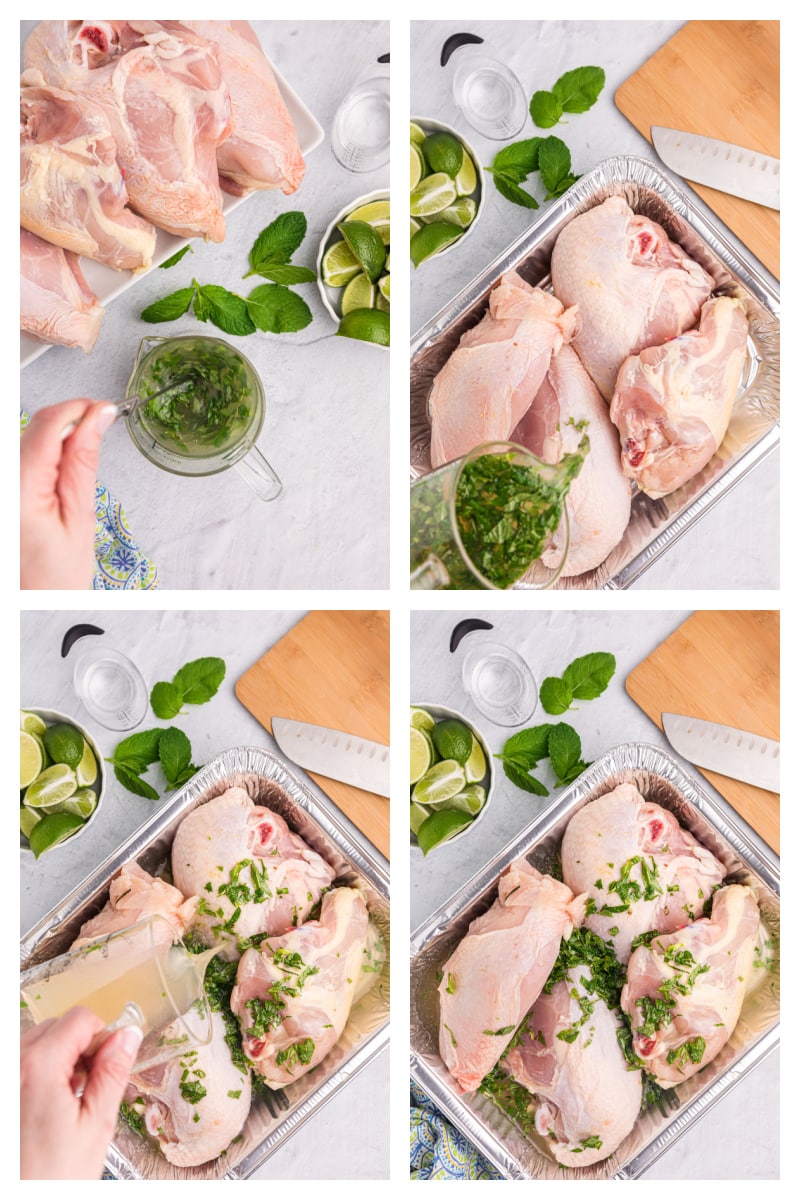 four photos showing how to make mojito marinated chicken breasts