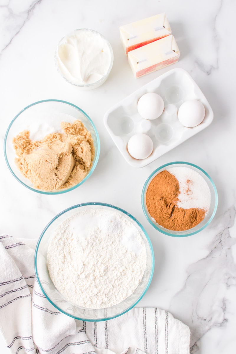 ingredients displayed for making snickerdoodle bundt cake