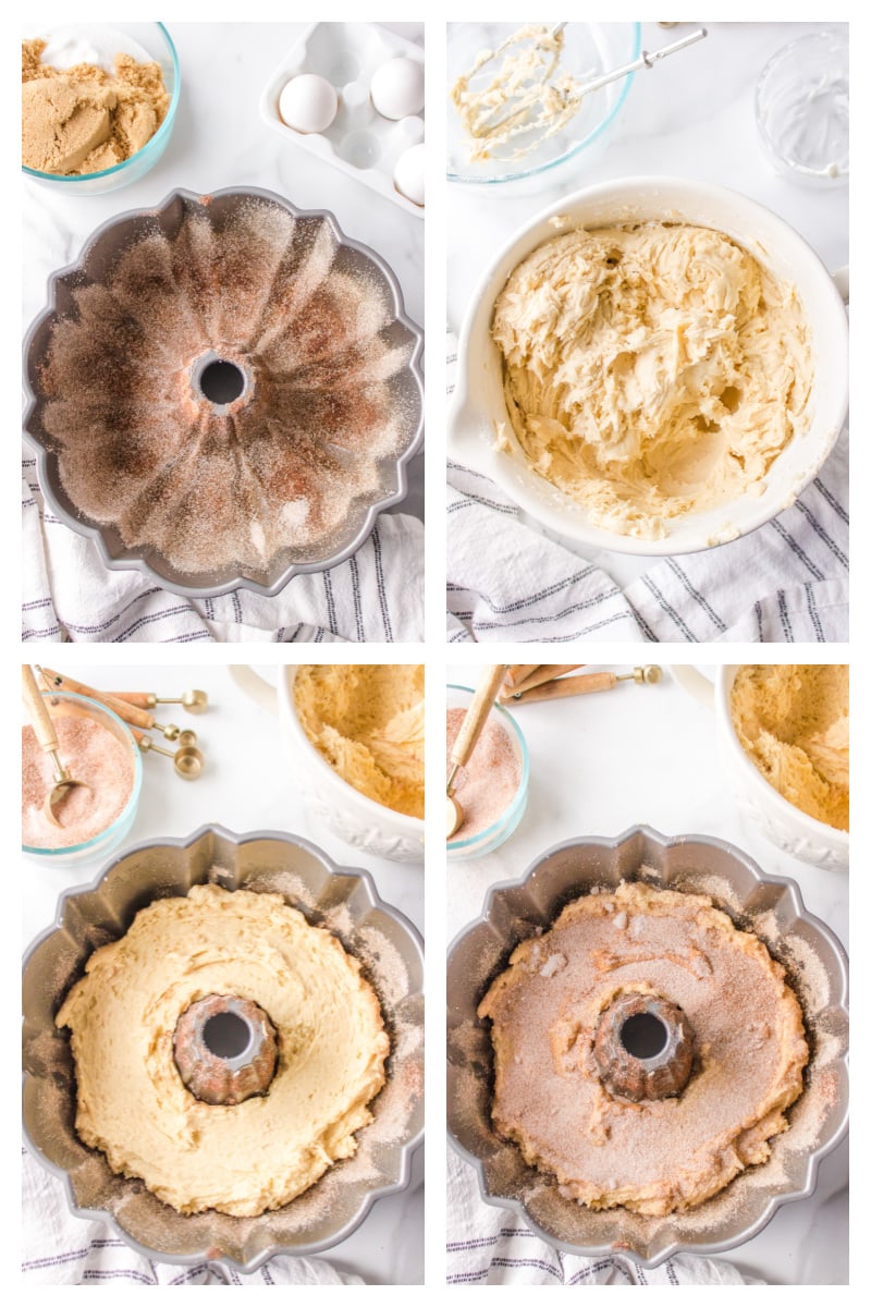 four photos showing how to put cake batter in bundt cake pan