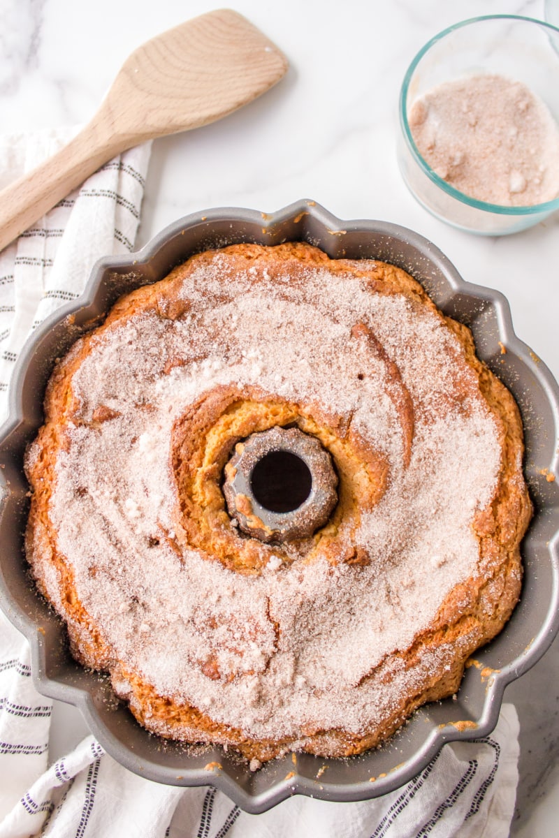 snickerdoodle bundt cake baked in pan