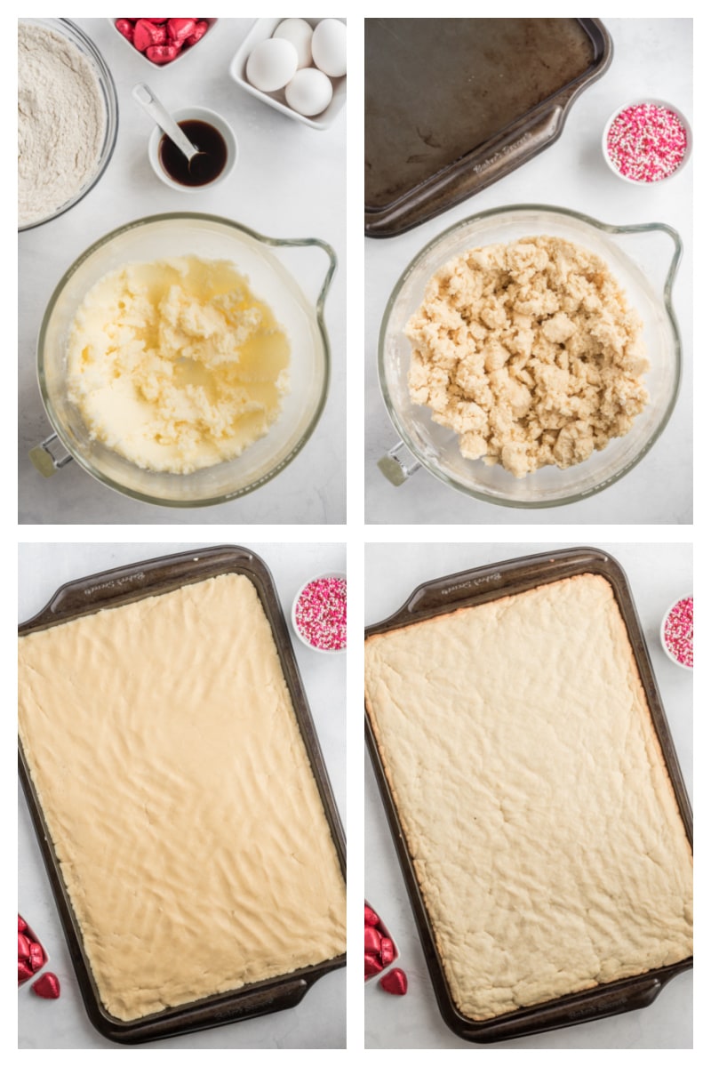 four photos showing process of making sugar cookie bars