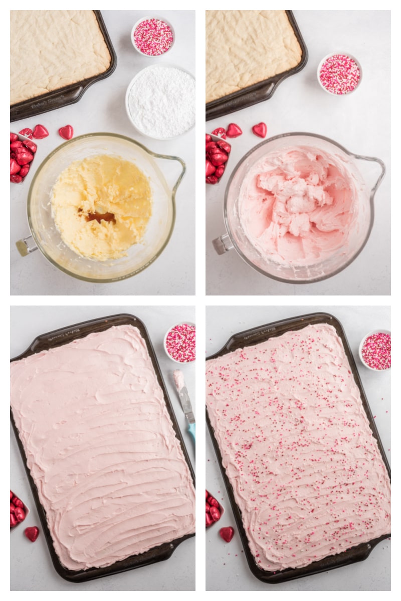 four photos showing process of frosting sugar cookie bars