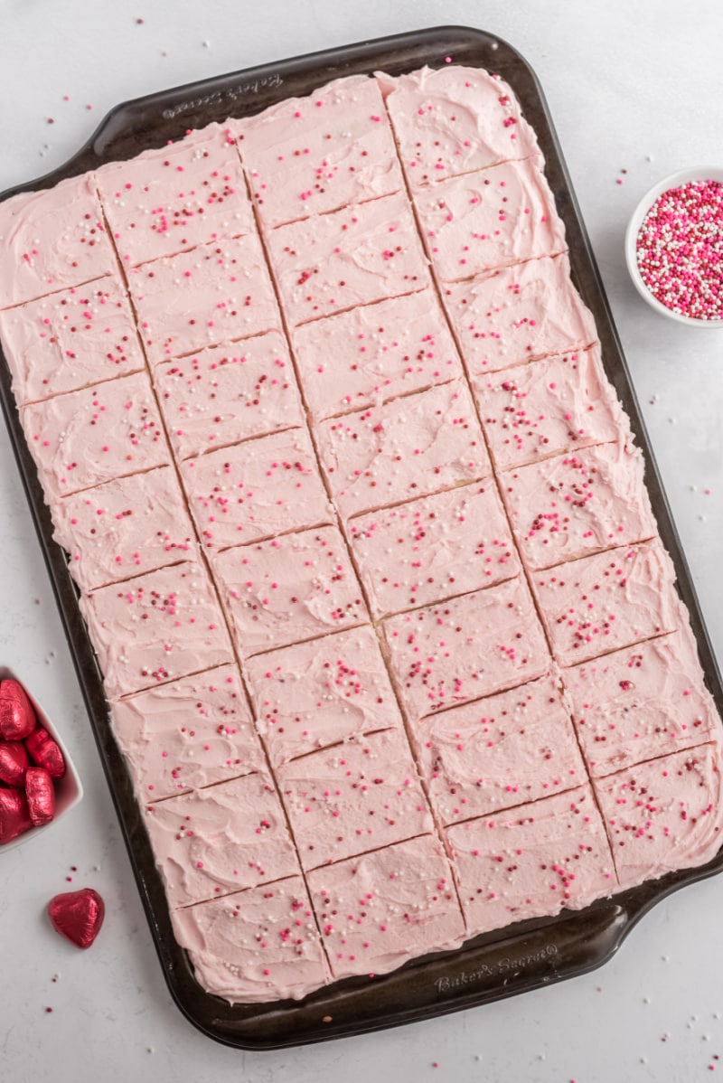 pan of sugar cookie bars cut into pieces