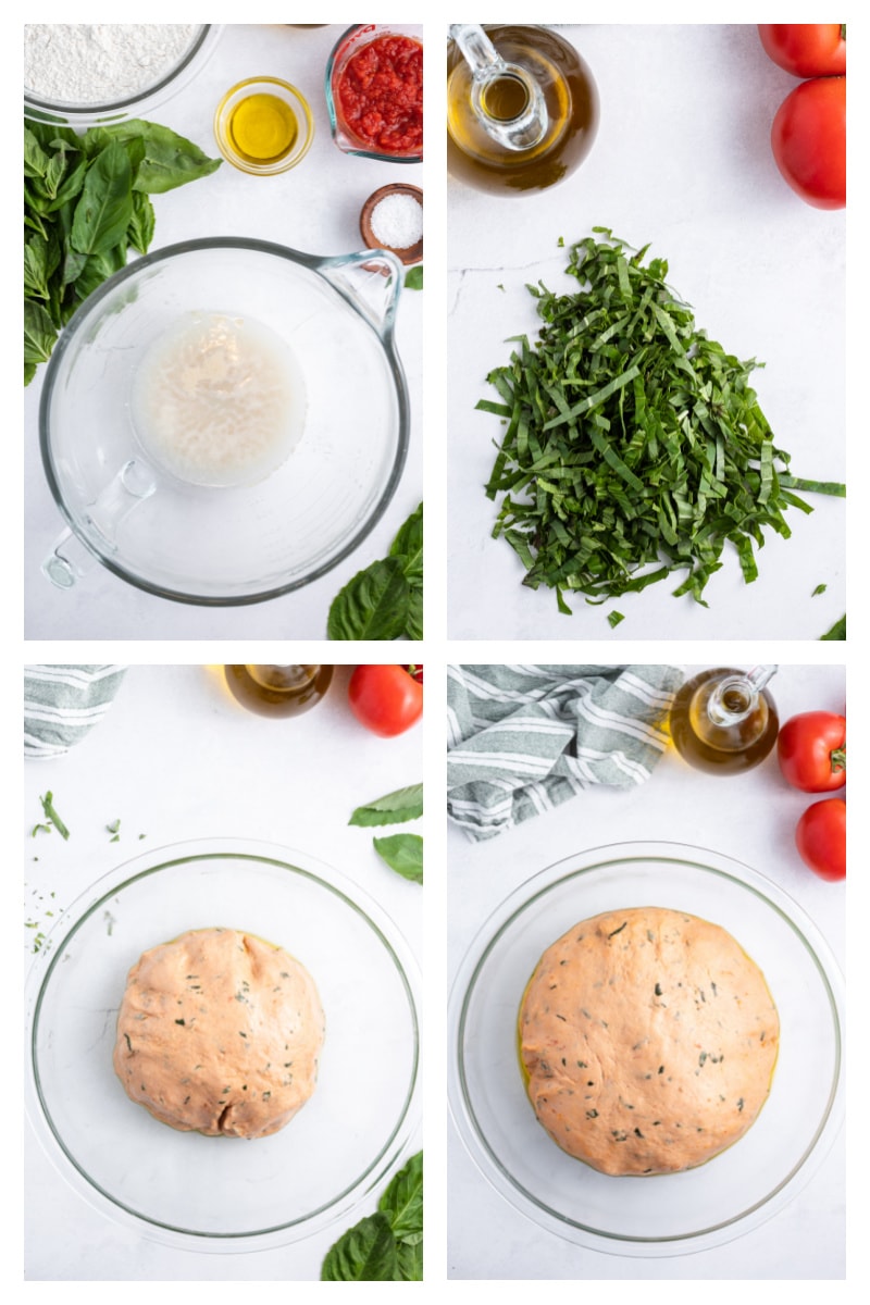 four photos showing how to make tomato basil bread dough