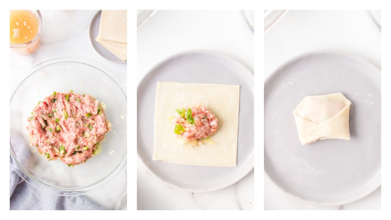 three photos showing how to stuff and wrap wontons