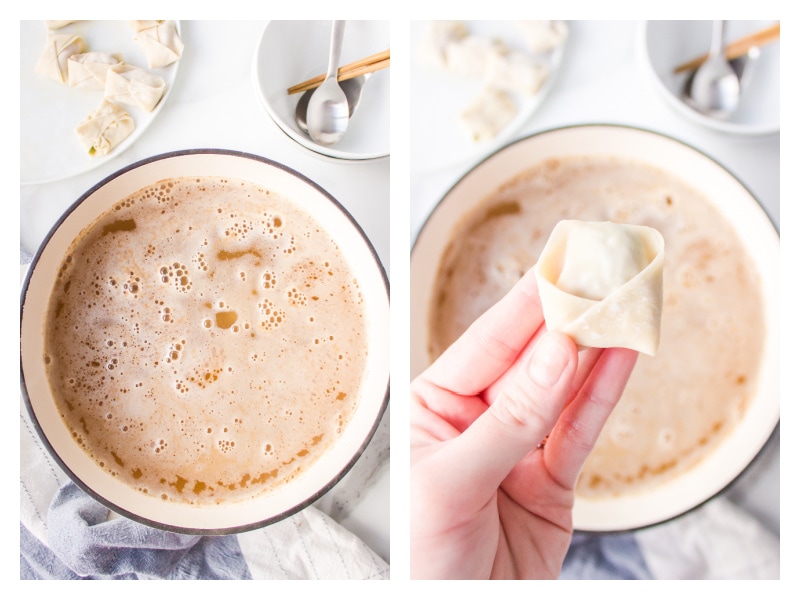 two photos showing pot of broth and then putting a stuffed wonton into soup