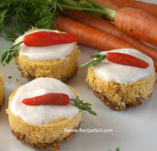 mini carrot cake cheesecakes with marzipan carrots