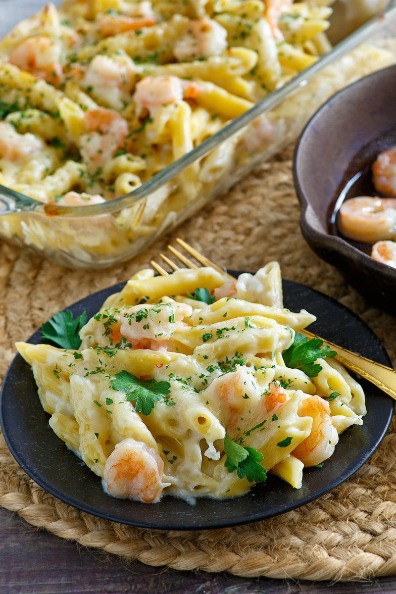 Serving of Gruyere and Shrimp Pasta
