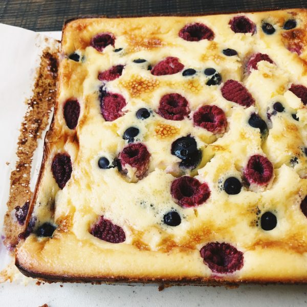 Red White and Blueberry Cheesecake Bars just out of the oven