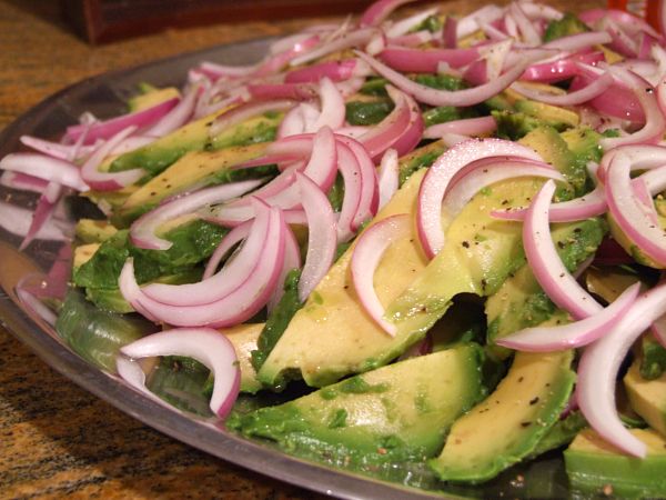 Plate of avocado and onion salad