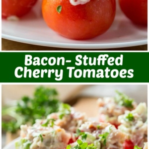 pinterest collage image for bacon stuffed cherry tomatoes