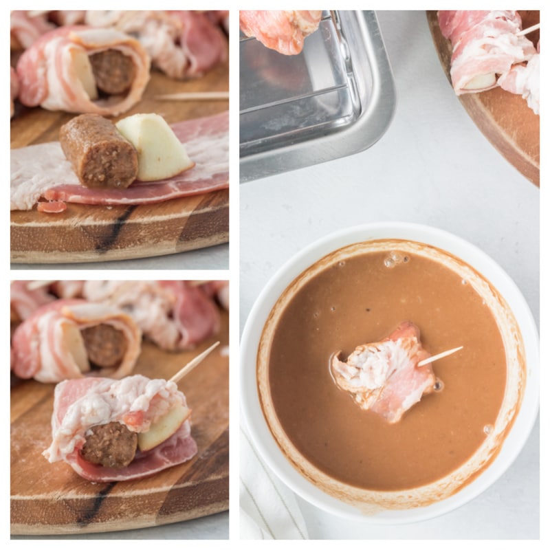 ingredients displayed for making bacon wrapped apple and sausage bundles