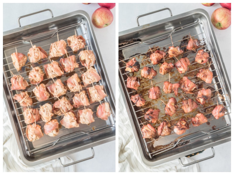 two photos showing bacon wrapped apple and sausage on a baking pan and then cooked