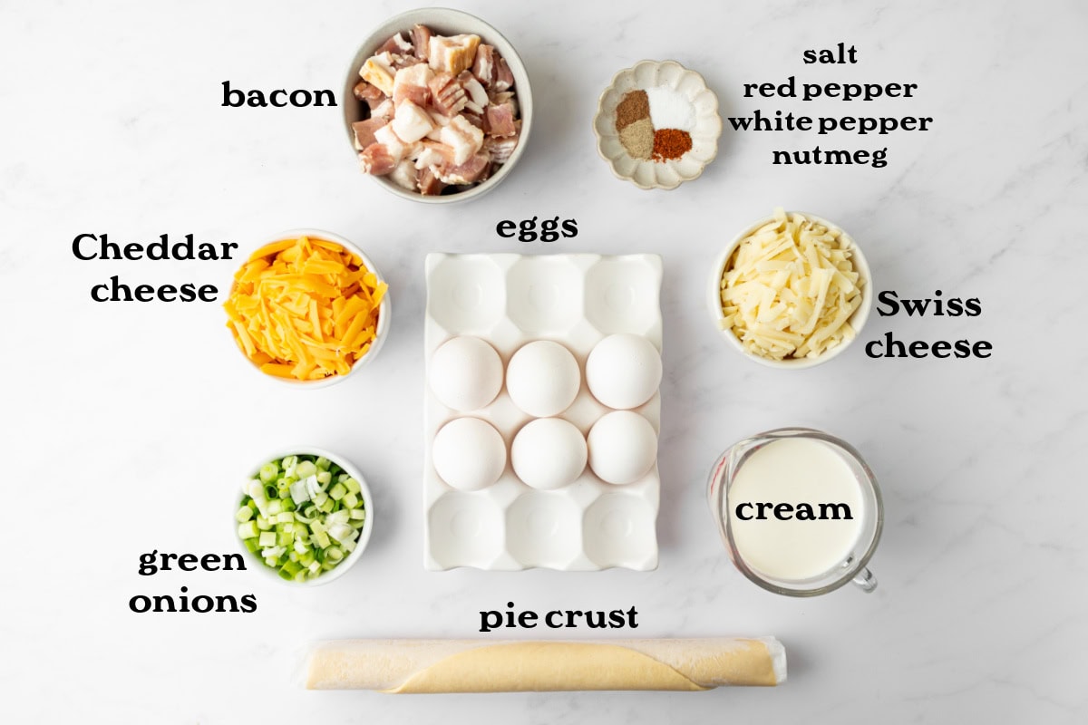 ingredients displayed for making bacon egg and cheese quiche