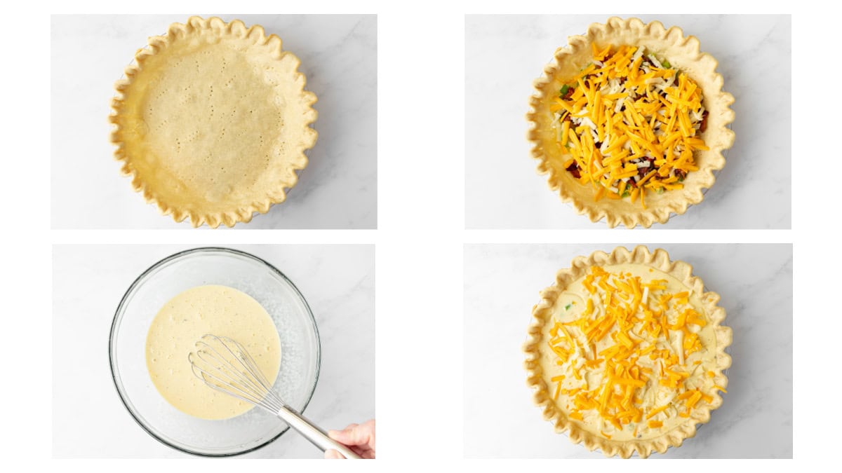 four photos showing how to make a bacon and cheese quiche