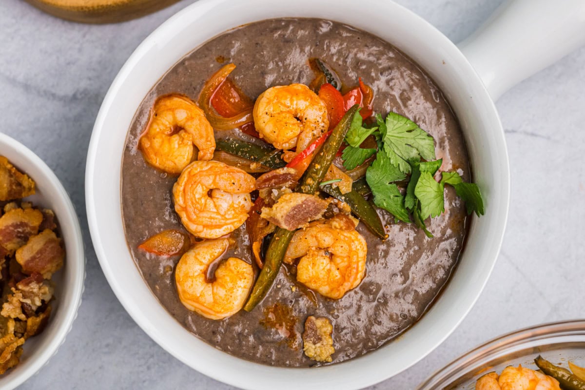 Black Bean Bisque with Rock Shrimp Escabeche
