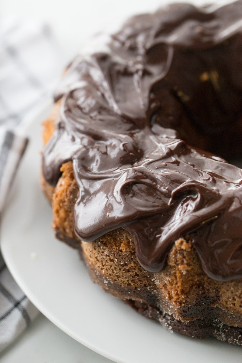 Chocolate ganache on black and white pound cake