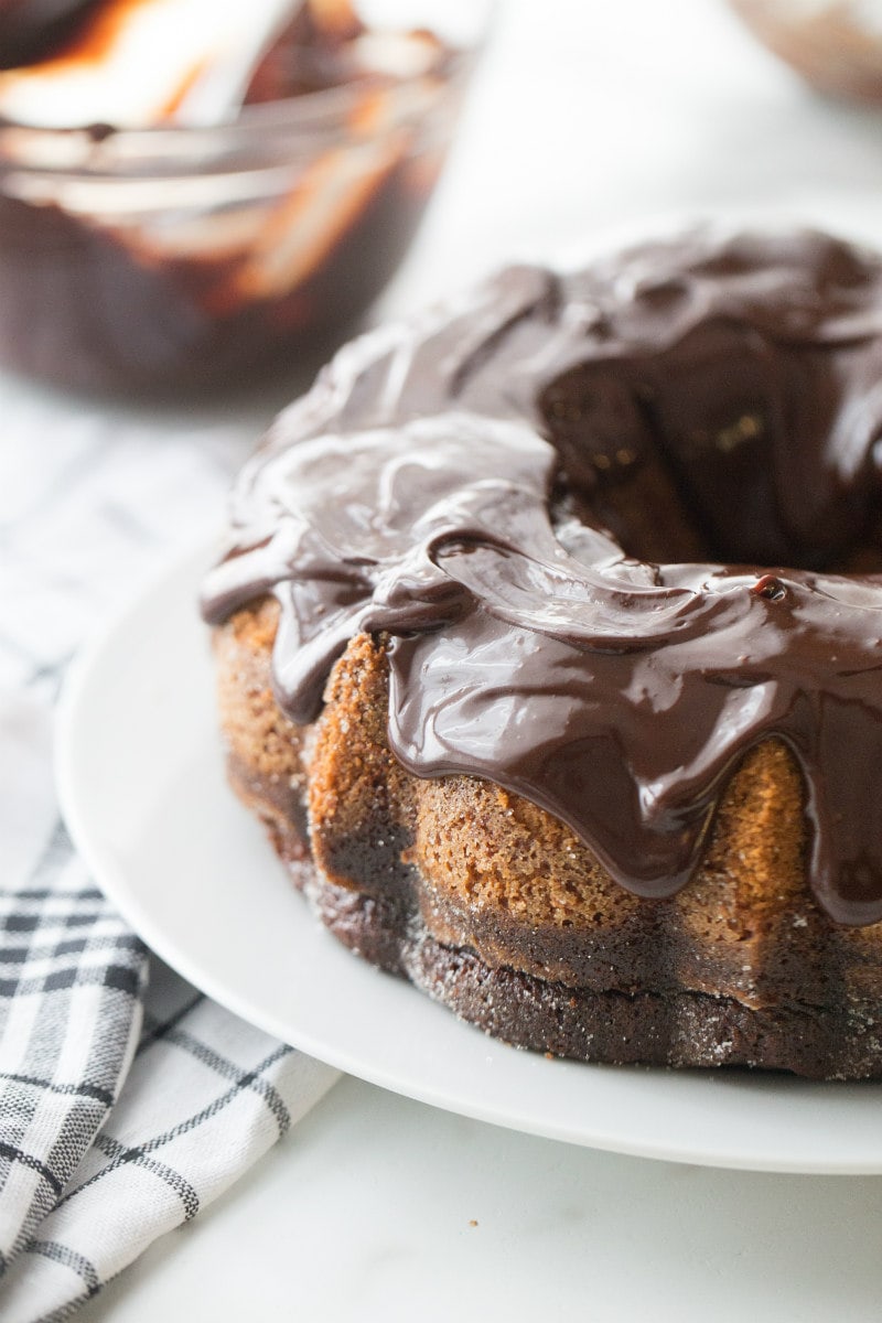 black and white pound cake with chocolate ganache