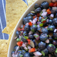 blueberry salsa in a white bowl with tortillas chips on the side. blue and white striped napkin underneath