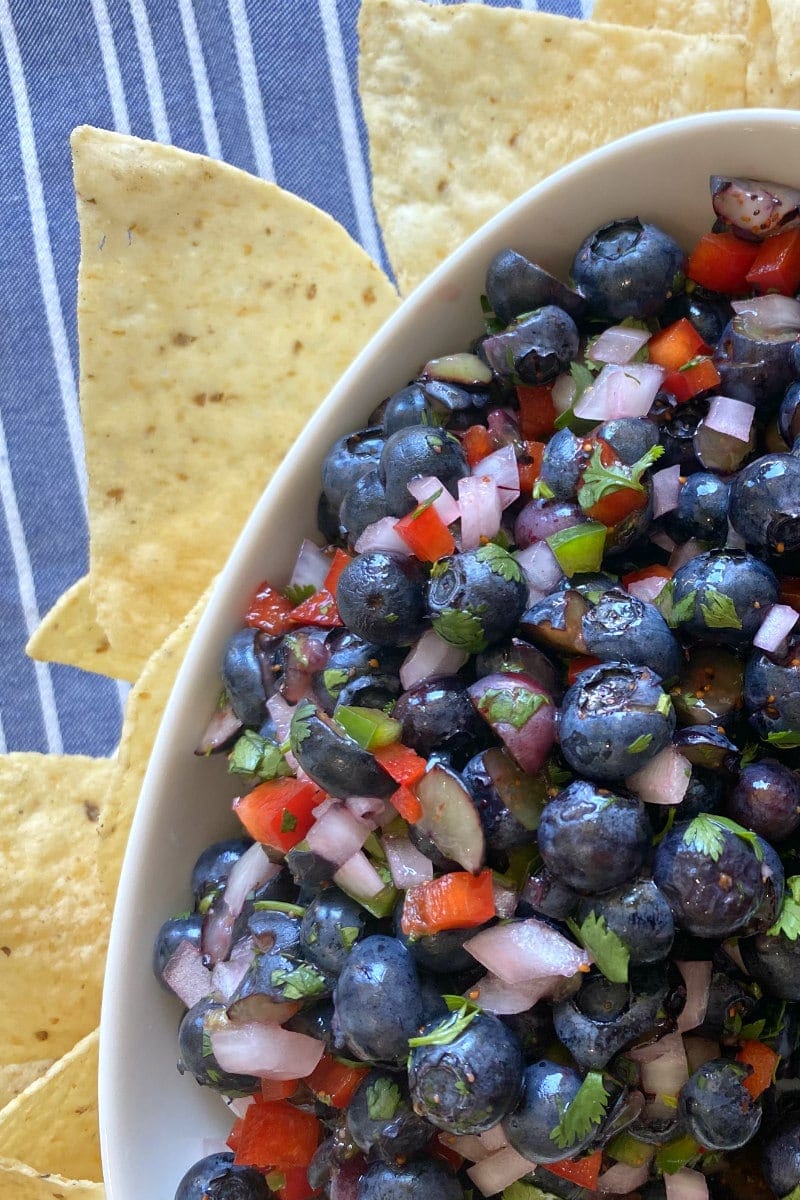 blueberry salsa in a white bowl with tortillas chips on the side. blue and white striped napkin underneath