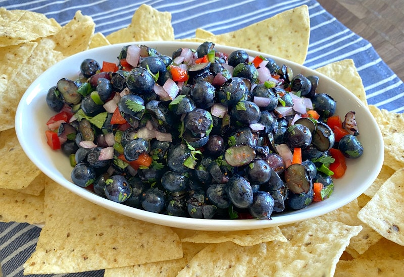 blueberry salsa in a white bowl surrounded by tortilla chips