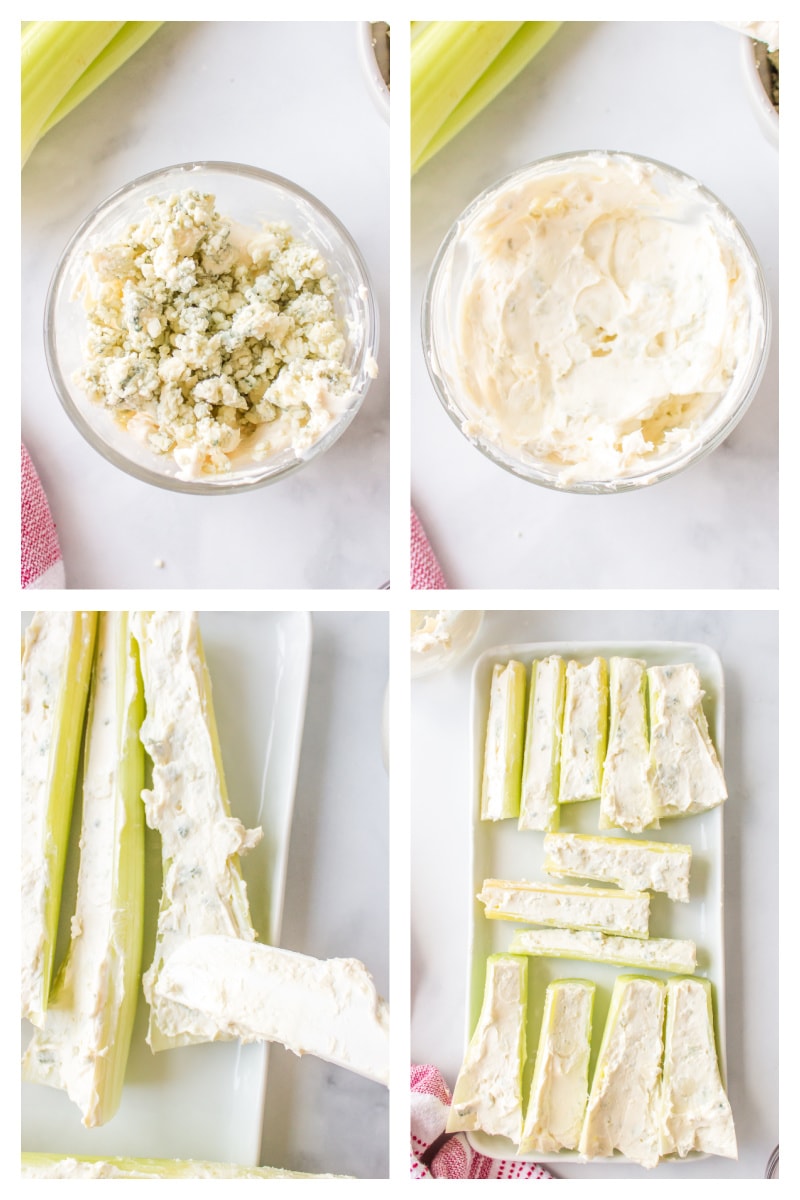 four photos showing how to make buffalo celery sticks