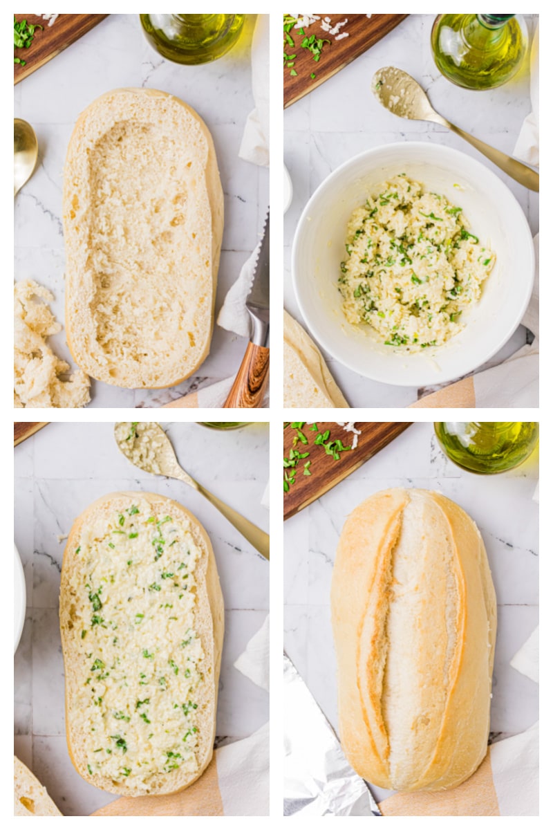 four photos sharing process of making cheese and herb bread