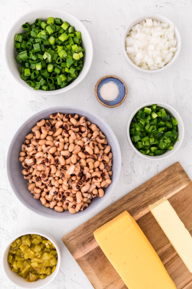 ingredients displayed for making cheesy black eyed pea dip