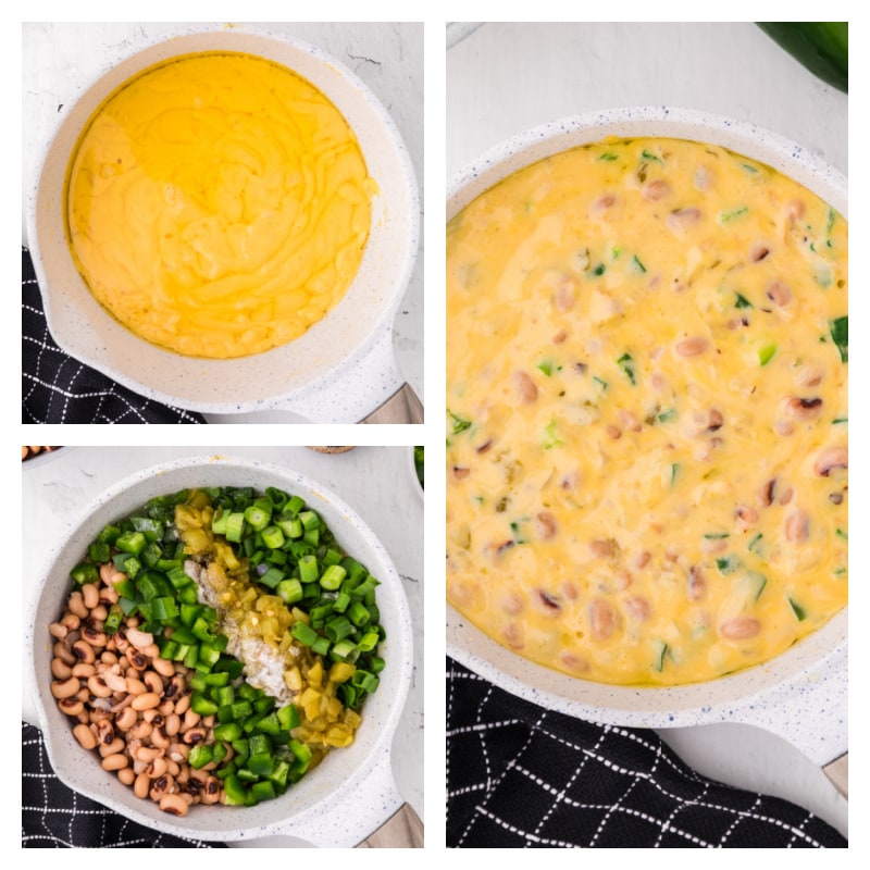 three photos showing how to make cheesy black eyed pea dip