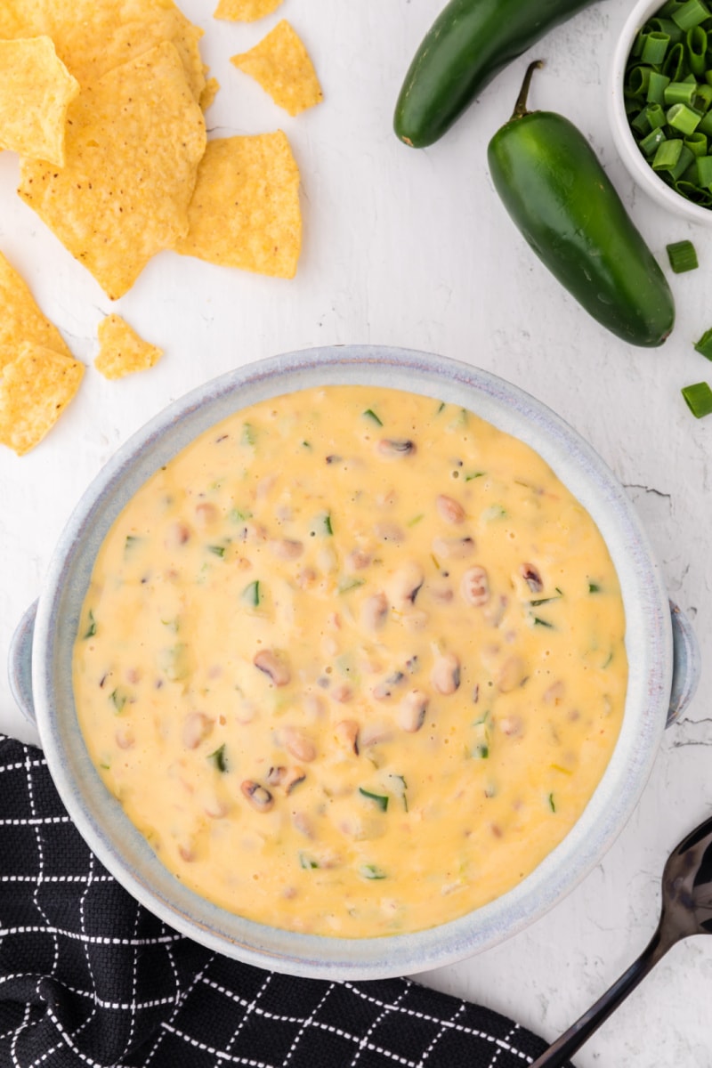 cheesy black eyed pea dip in a bowl
