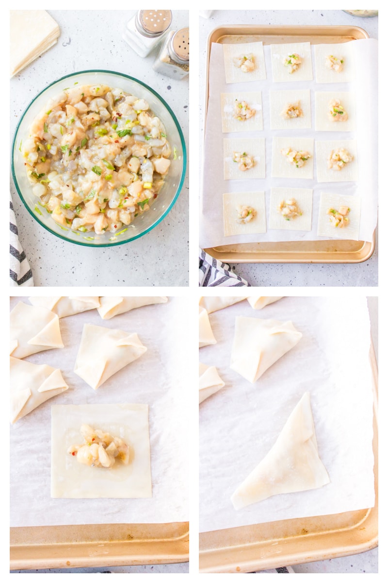 four photos showing how to make chicken and shrimp won tons