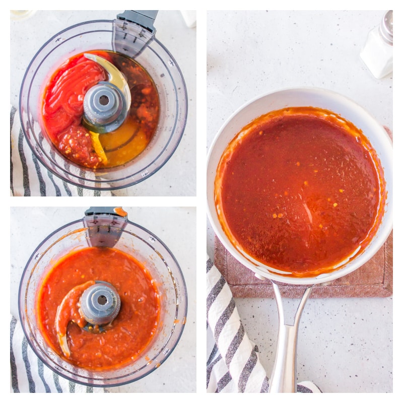 three photos showing how to make chili sweet and sour sauce in a food processor and then heating in pan