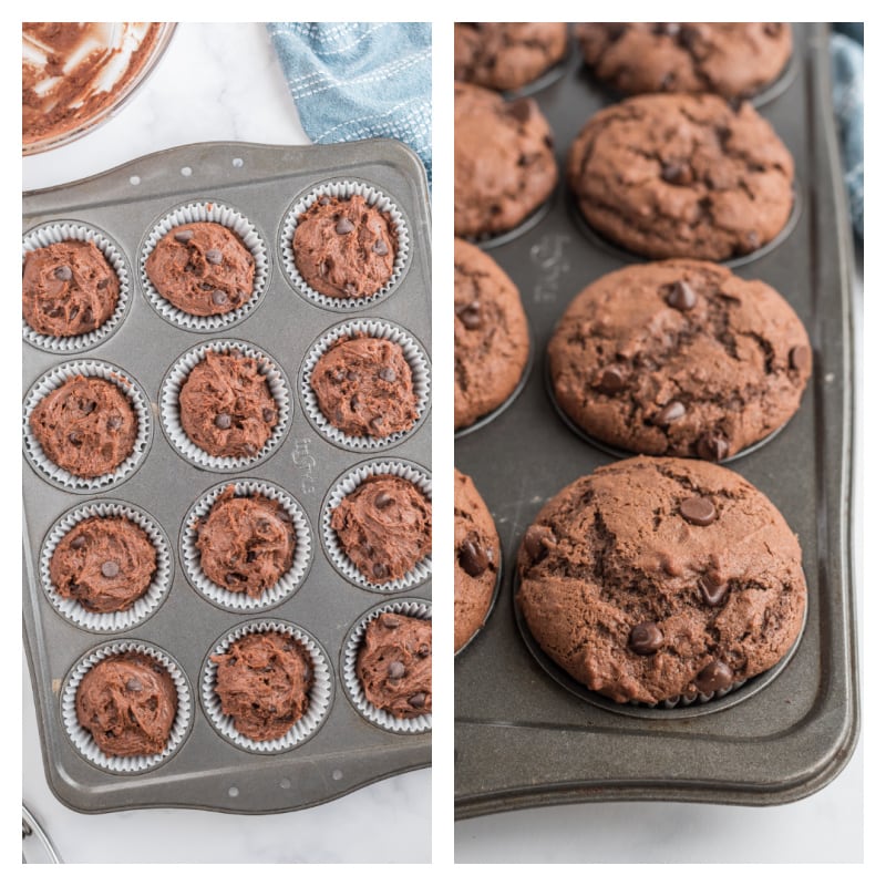 chocolate muffin batter in muffin pan and then baked brownie muffins