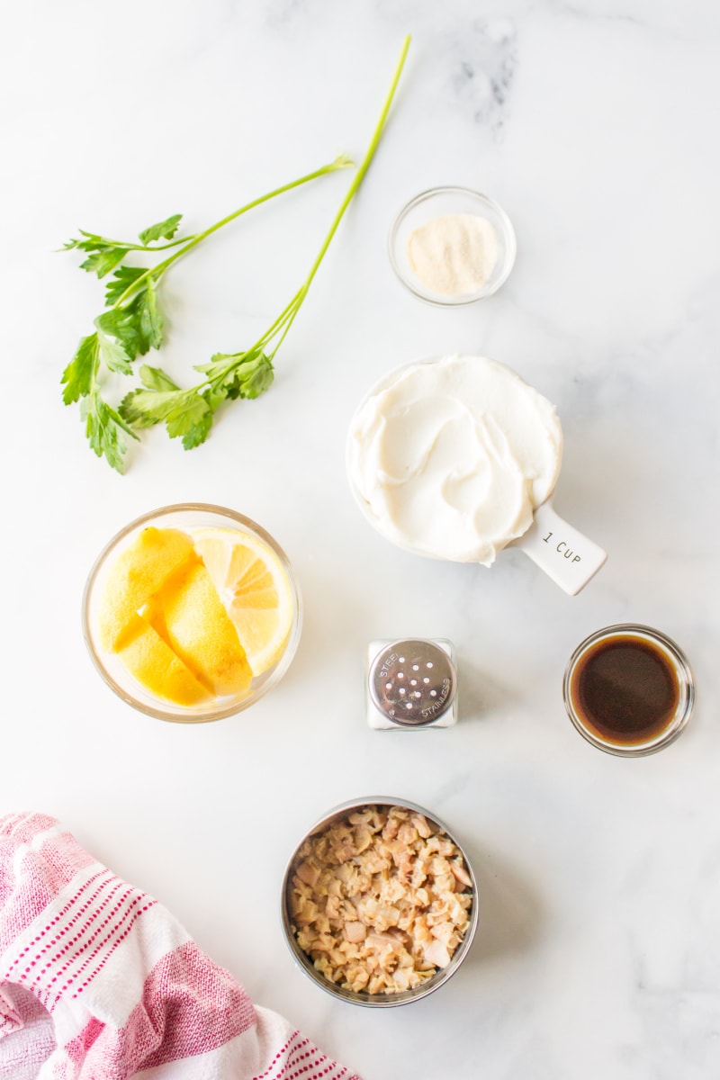 ingredients displayed for making clam dip