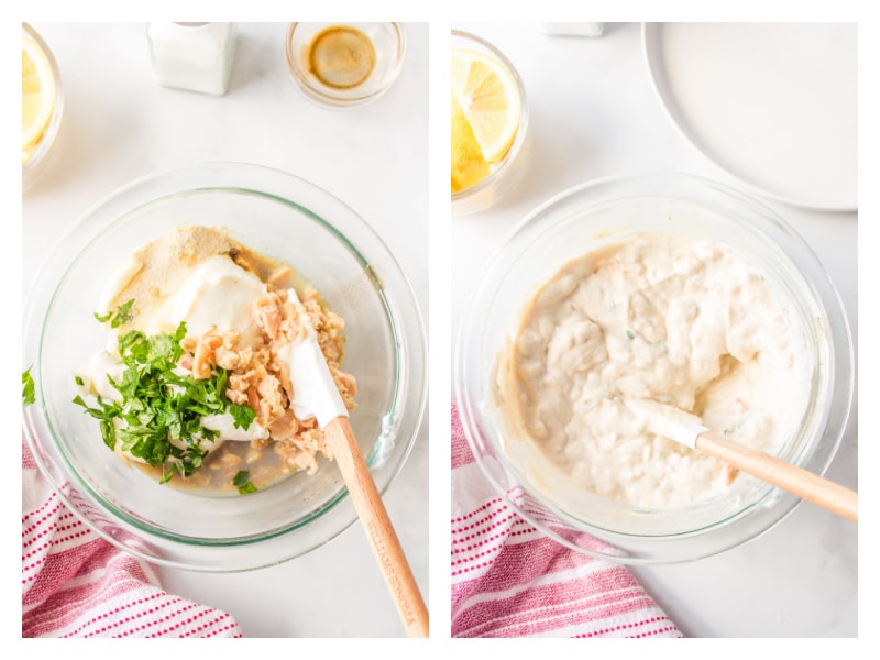 two photos showing how to make clam dip