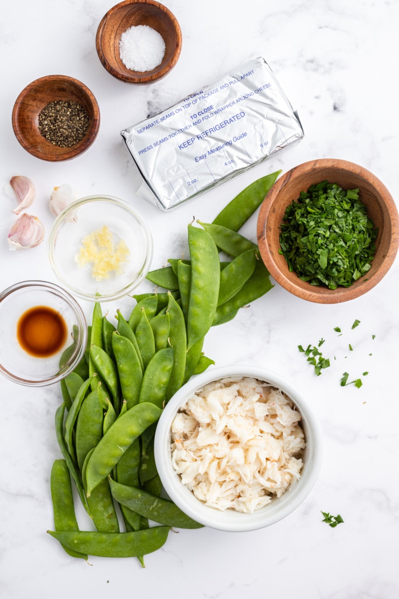 ingredients displayed for making crab and cream cheese stuffed snow peas