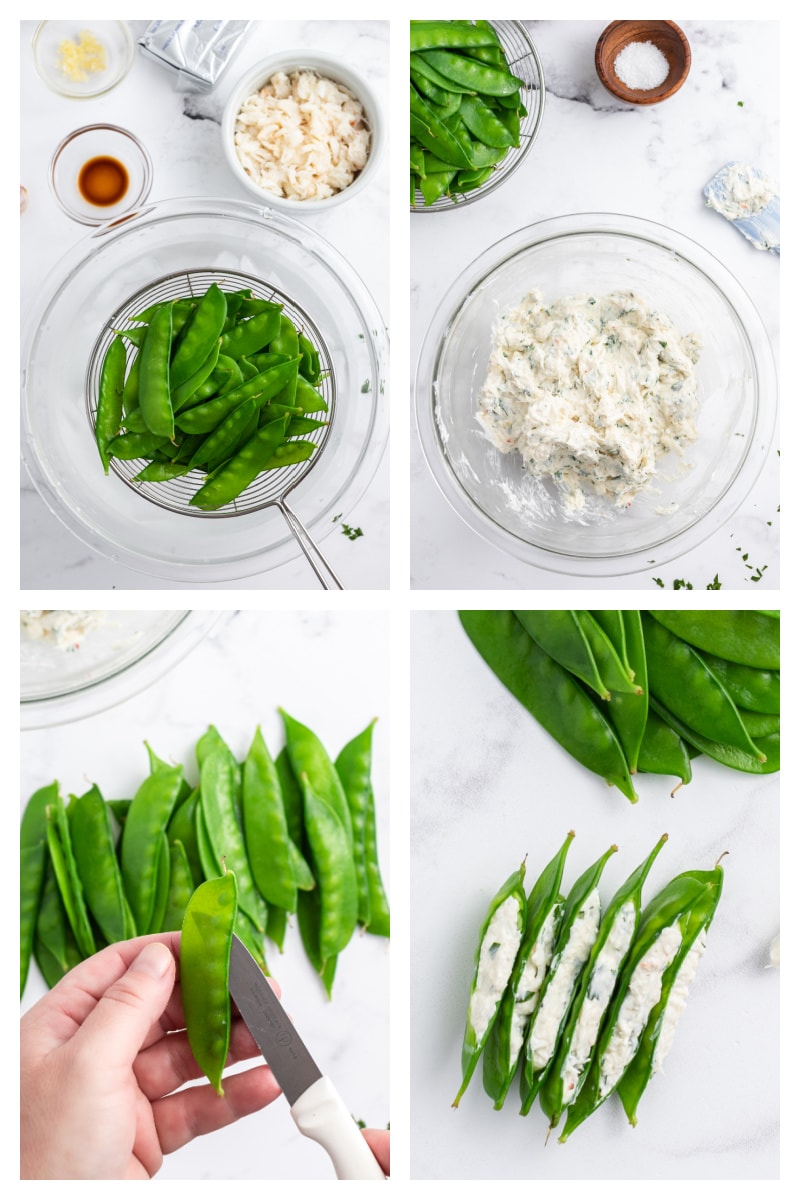 four photos showing how to make crab and cream cheese stuffed snow peas