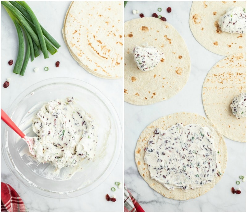 process shown making cranberry feta pinwheels filling spread on tortillas