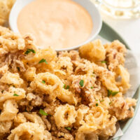 fried calamari on platter with bowl of dipping sauce