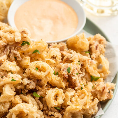 fried calamari on platter with bowl of dipping sauce