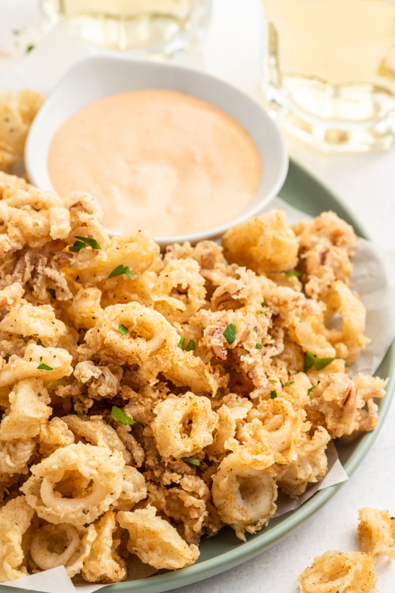 fried calamari on platter with bowl of dipping sauce