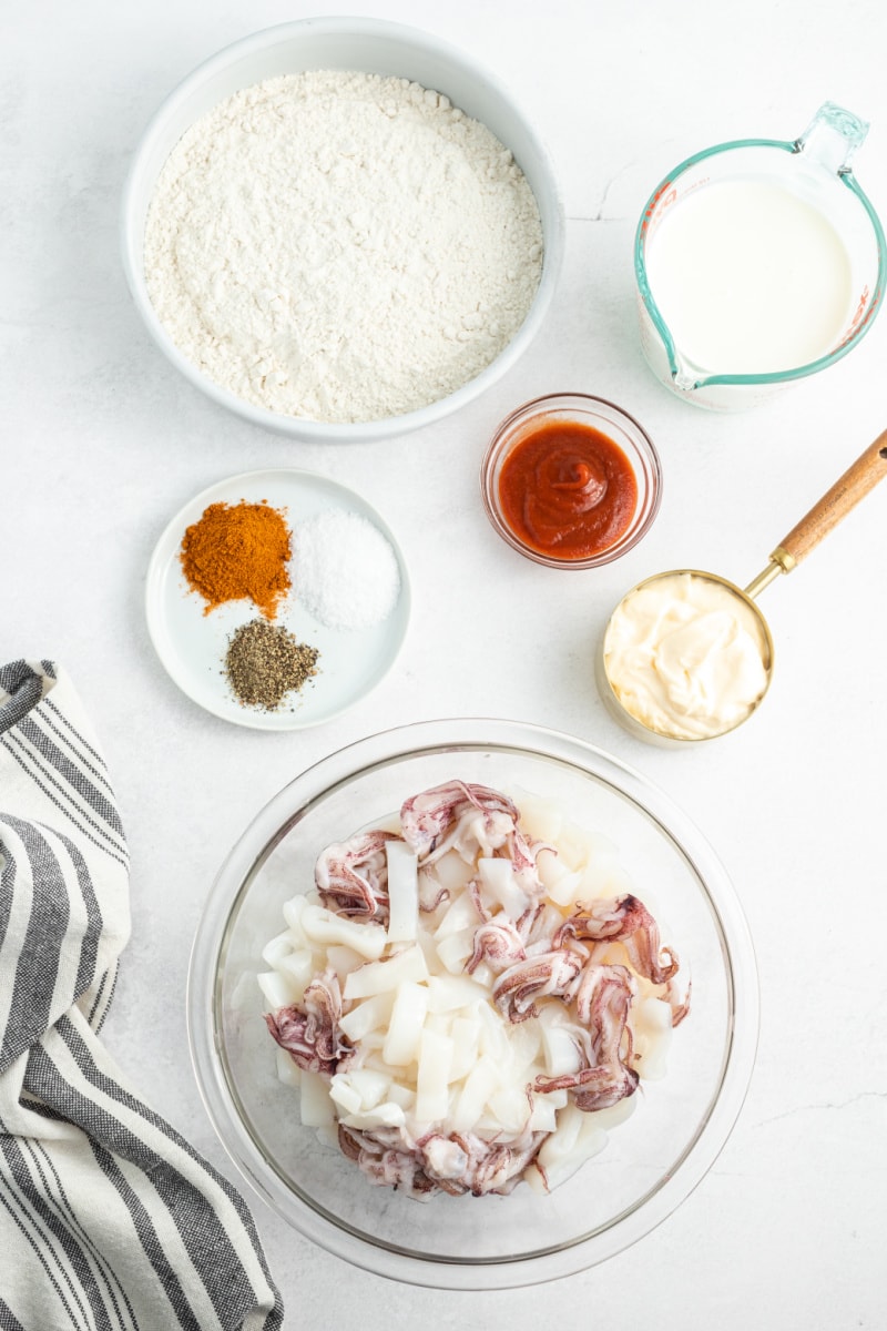 ingredients displayed for making fried calamari